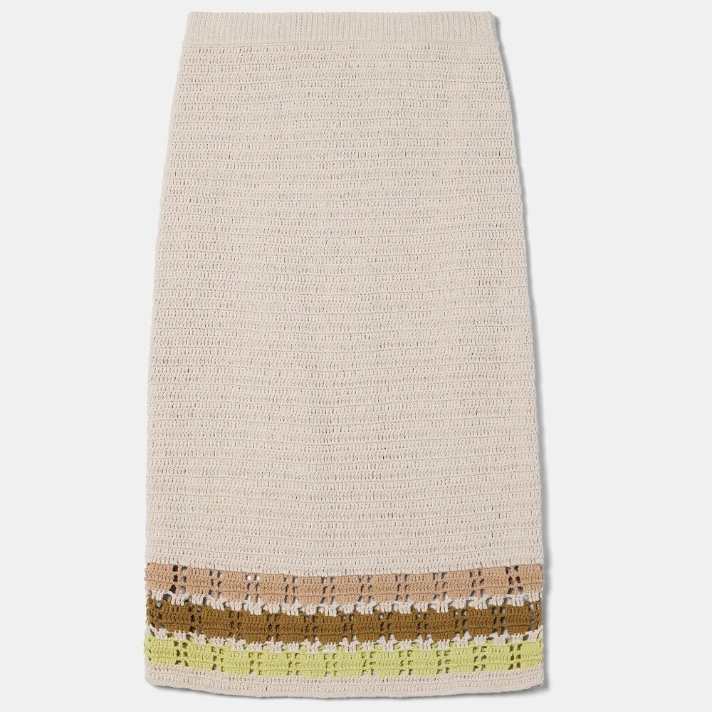 Cream Crochet Knit Pencil Skirt with Striped Hem